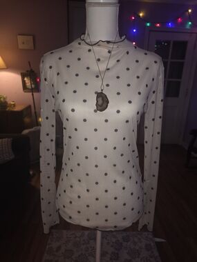 Women's Polka Dot Long Sleeve Mock Neck Top - White with Black Dots
